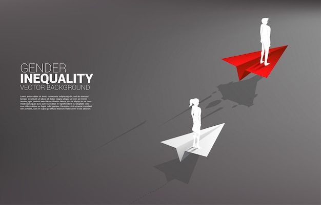 Silhouette businessman standing on faster paper airplane .  gender inequity in business and obstacle in woman career path