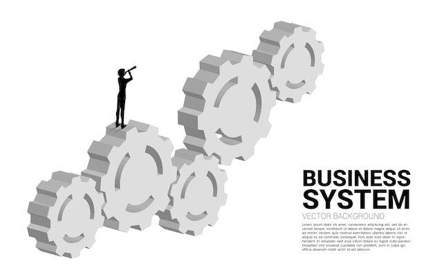 Silhouette of businessman standing looking through telescope on multiple big gear. concept of business management and control