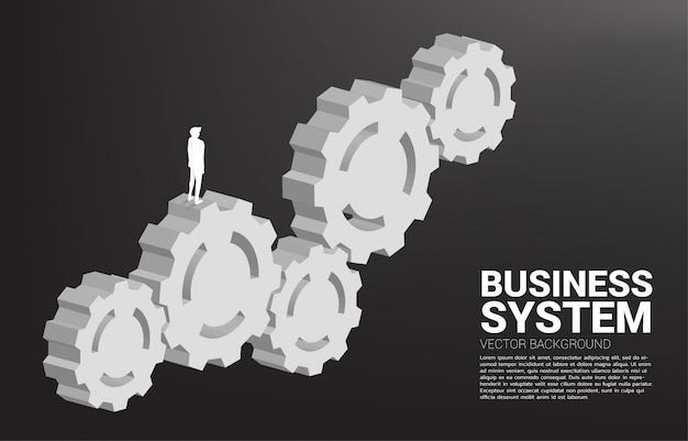 Silhouette of businessman standing on multiple big gear. concept of business management and control