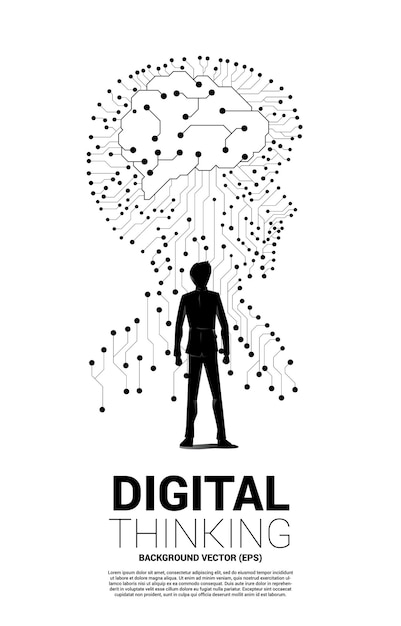 Silhouette of businessman standing with man head from dot connect line circuit board style with with brain Concept background human future and technology