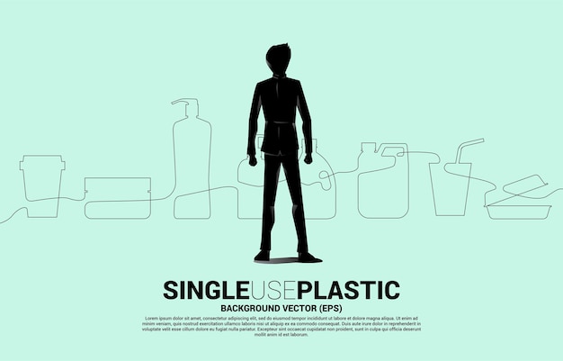 Silhouette of businessman standing with Single line display single use plastic icon Silhouette of plastic bottle in life