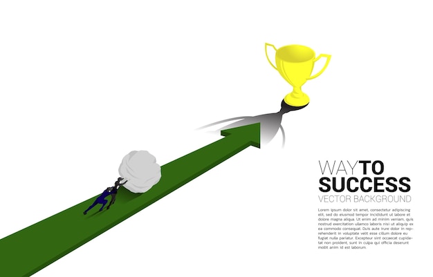 Silhouette of Businessman team pushing rock on Arrow move to golden trophy Concept for business direction and teamwork