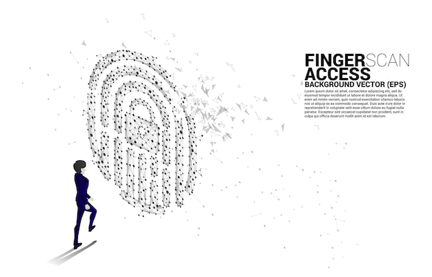 Silhouette businessman walking to thumbprint icon from dot connect line polygon background concept for finger scan technology and privacy access