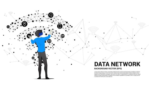 Silhouette businessman wear VR glasses with dot connect line circuit board style mobile data icon Concept of digital virtual reality technology and AR