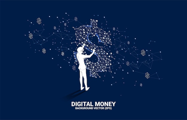 Silhouette businessman wear VR glasses with money dollar icon from Polygon dot connect line Concept of digital virtual reality technology and AR