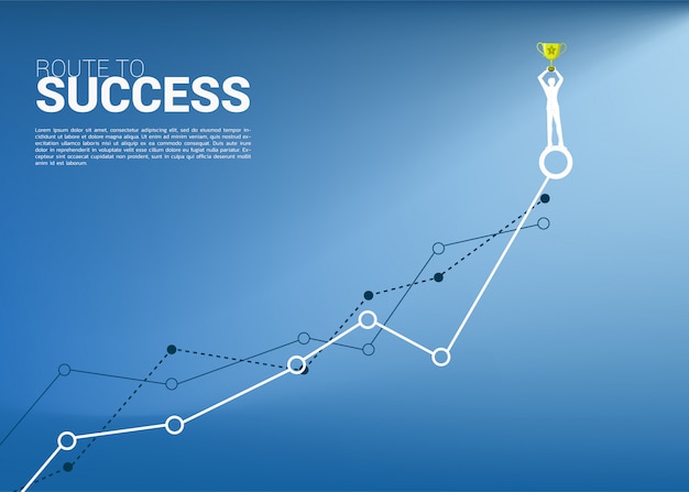 Silhouette of businessman with champion trophy on top of growth graph. 