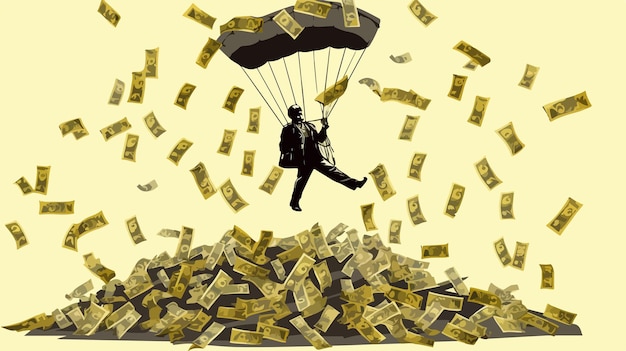 Vector silhouette of businessman with golden parachute