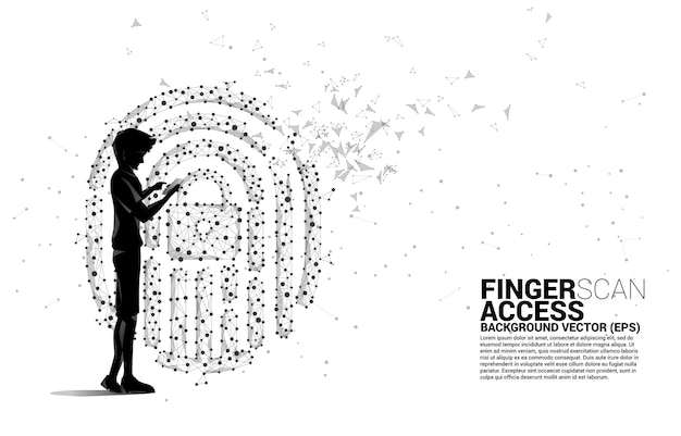 Silhouette businessman with mobile phone standing with thumbprint icon from dot connect line polygon background concept for finger scan technology and privacy access