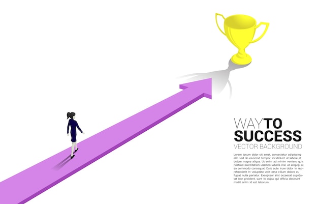 Silhouette of businesswoman on Arrow move to golden trophy Concept for business direction and mission vision