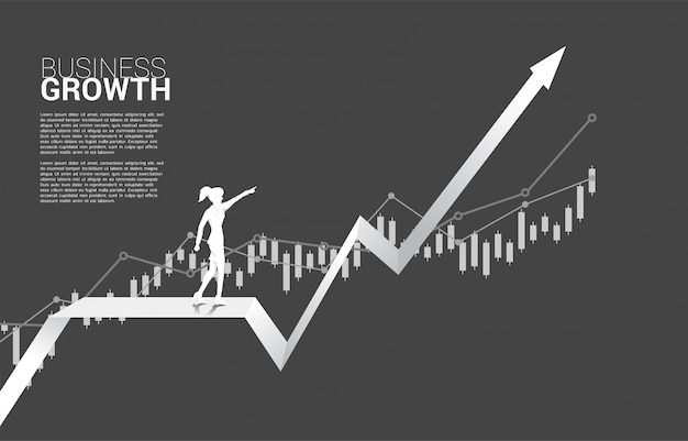 Silhouette of businesswoman point ahead on growing graph. 