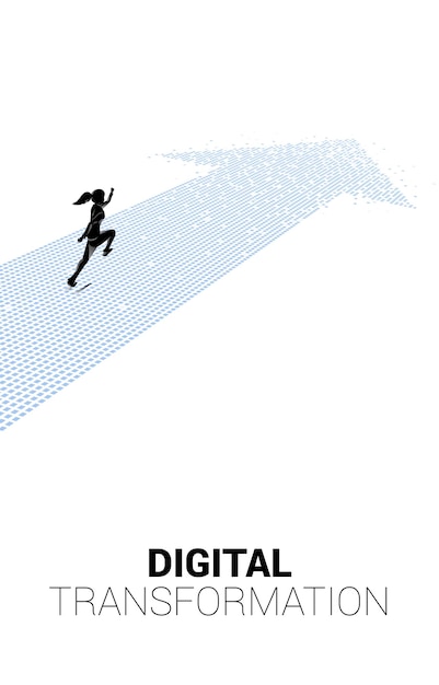 Silhouette of businesswoman running on the arrow from pixel concept of digital transformation of business