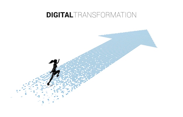 Silhouette of businesswoman running on the arrow from pixel concept of digital transformation of business