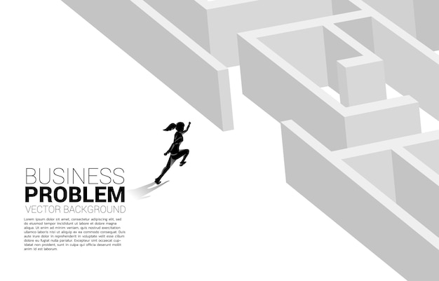 Silhouette of businesswoman running to enter to maze. Business concept for problem solving and solution strategy