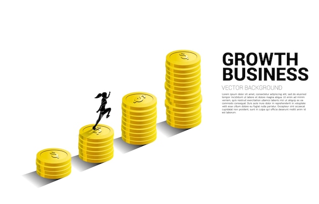 Silhouette of businesswoman running to top of stack of coin. Concept of success investment and growth in business