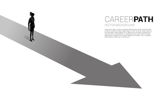 Silhouette of businesswoman standing on forward arrow. Concept of career path and start business