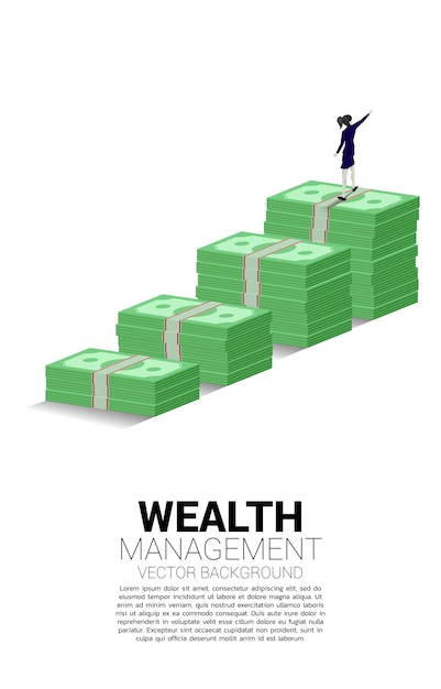 Silhouette of businesswoman standing point ahead on top of growth graph with stack of banknote Concept of success investment and growth in business