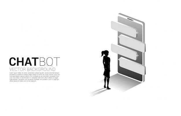 Silhouette of businesswoman standing with bubble speech on mobile phone. concept of chat bot engine and communication.