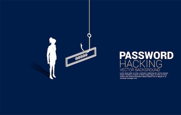 Silhouette of businesswoman standing with fishing hook with password. Concept of click bait and digital phishing.