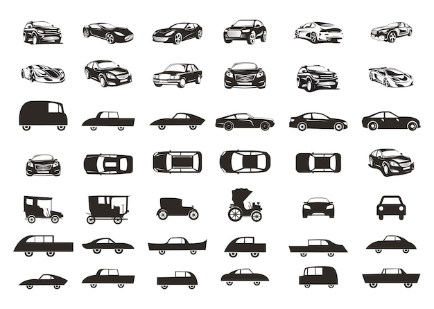 Silhouette cars on a white background cars silhouettes with different poses isolated old new cars