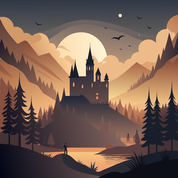 A silhouette of a castle amidst mountains and trees at sunset