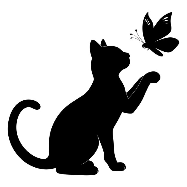 Vector silhouette of a cat playing with a butterfly design element isolated on a white background vector