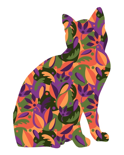 Silhouette cat with botanic