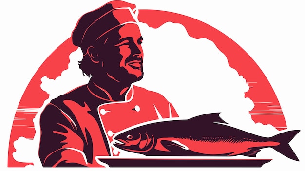 Vector silhouette chef with tuna fish vector cartoon illustration