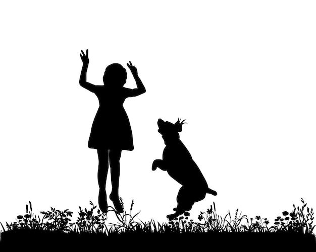 Silhouette of a child and a dog playing vector