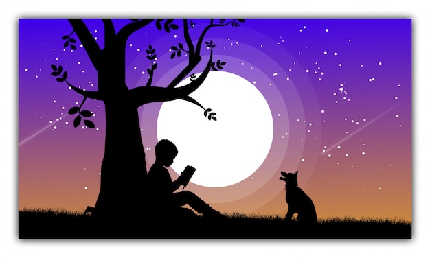 Silhouette of children reading a book under a tree with dog at night