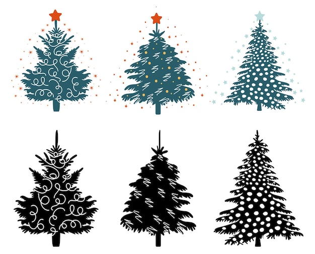 Silhouette christmas tree set design vector isolated