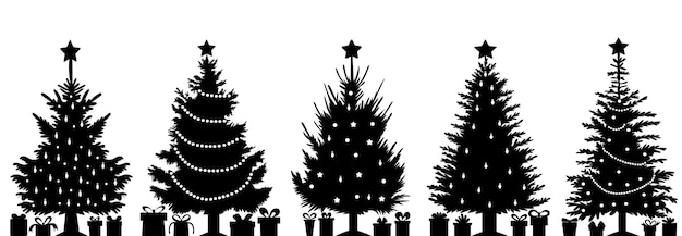 Silhouette christmas trees with gifts isolated vector