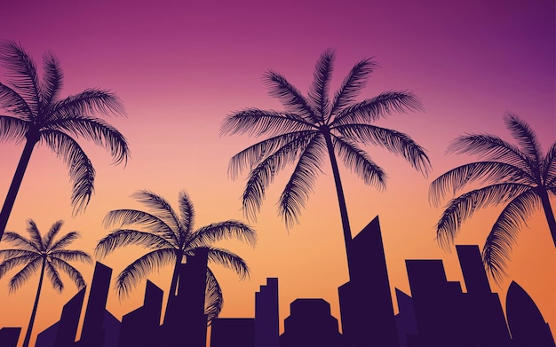 Vector silhouette city skyline view with palm trees