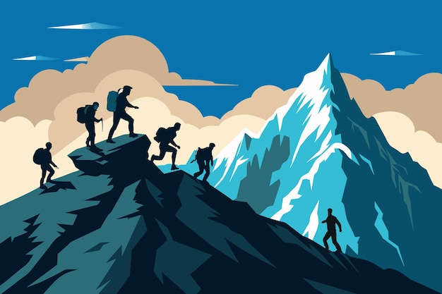 A silhouette of climbers ascending a mountain peak vector