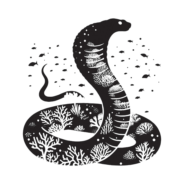 Vector silhouette of cobra filled with underwater view with coral in rough drawing