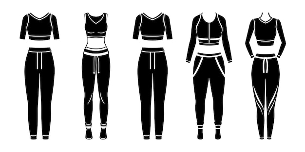 Vector silhouette collection of athleisure outfits joggers and crop top combinations