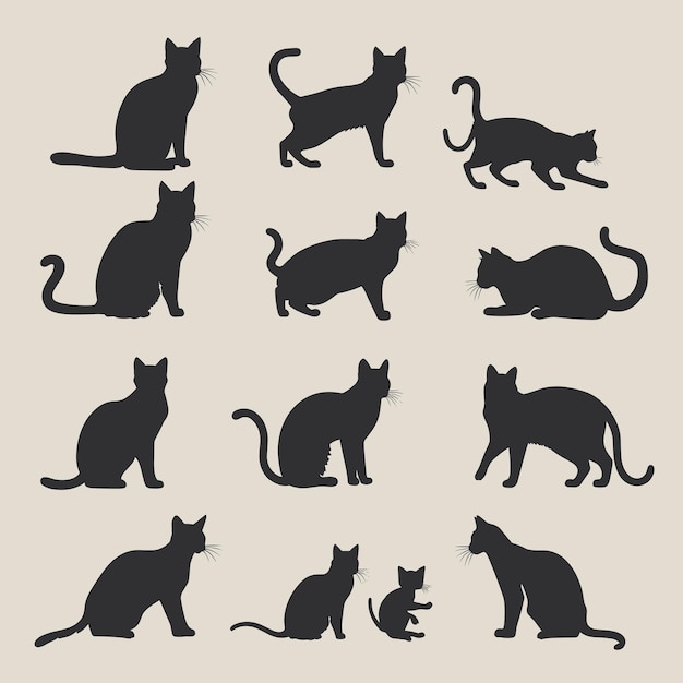 Vector silhouette collection of playful cats in various poses and positions