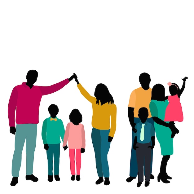 Silhouette in colored clothes family with children mom and dad