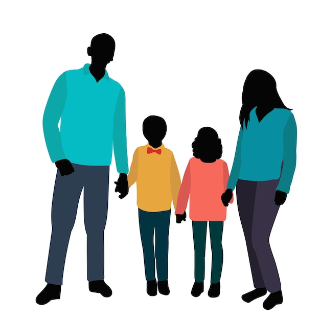 Silhouette in colored clothes family with children parents and children are standing