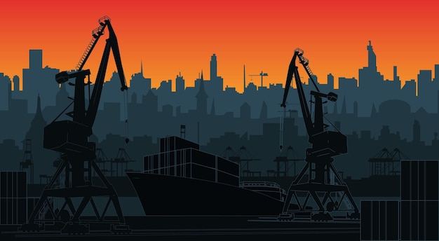 Silhouette commercial port with container ship at the pier and cargo cranes city skyline on background with sunset sky Cityscape and cargo port with cranes