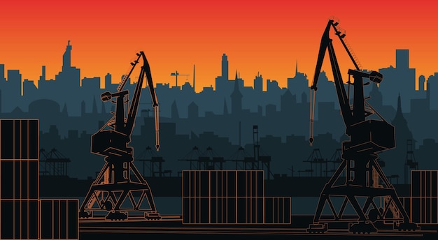 Silhouette commercial port with containers and cargo cranes city skyline on background with sunset sky Cityscape and cargo port with cranes