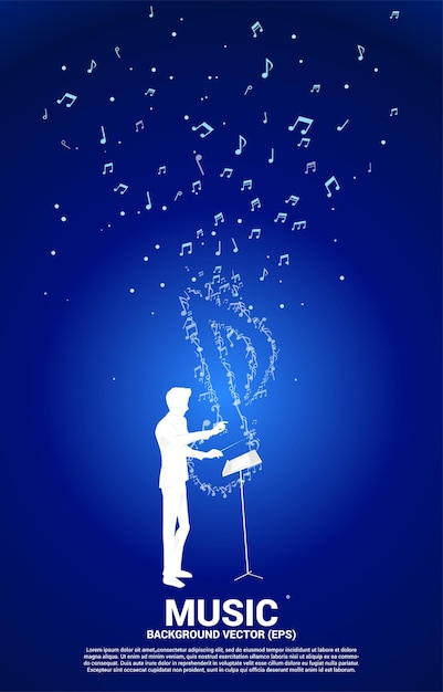 silhouette of conductor with music icon shaped from key note.