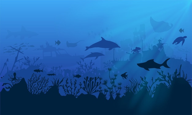 Silhouette of coral reef with dolphin shark stingray turtle and shipwrecks on the blue seabed