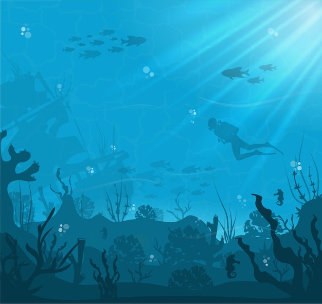 Silhouette of coral reef with fish and scuba diver on a blue sea background