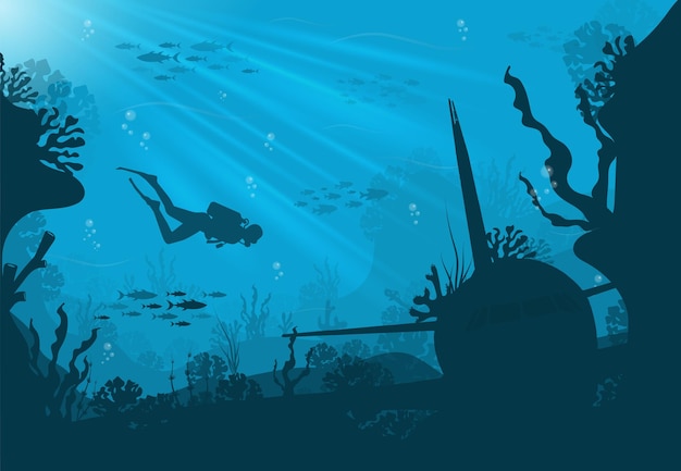 Silhouette of coral reef with fish and scuba diver on a blue underwater background