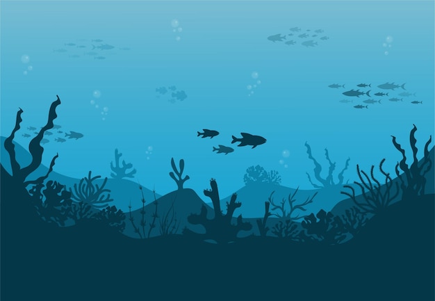 Silhouette of coral reef with fish and scuba diver on a blue underwater background