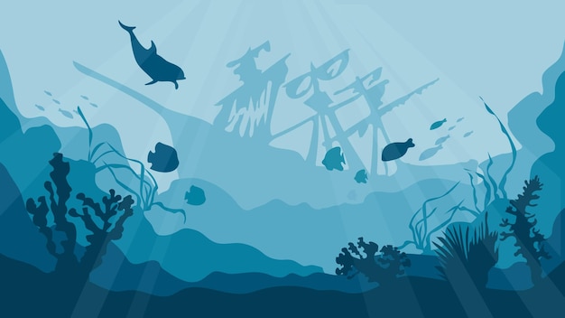 Silhouette of a coral reef with fish and a shipwreck at the bottom in the blue sea Underwater