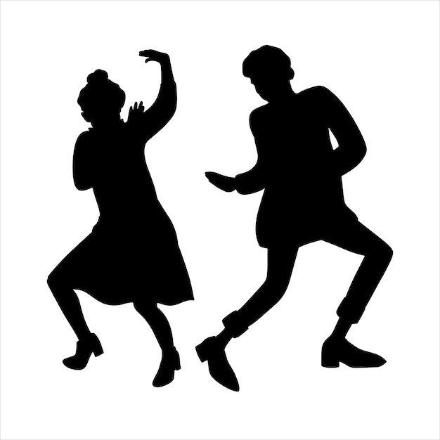 Silhouette of a couple of elderly people dancing a merry dance Grandpa and grandma are dancing a retro dance A dance duo Vector