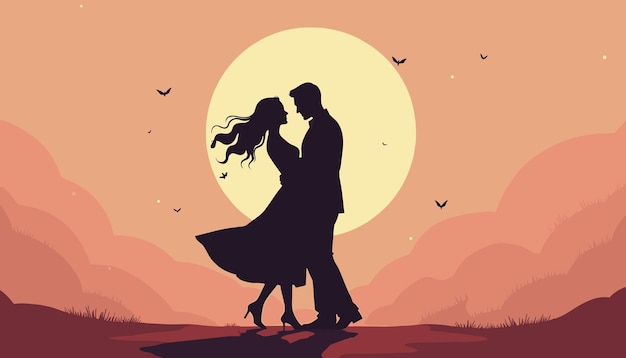 Vector silhouette of a couple embracing at sunset with a large full moon in the background