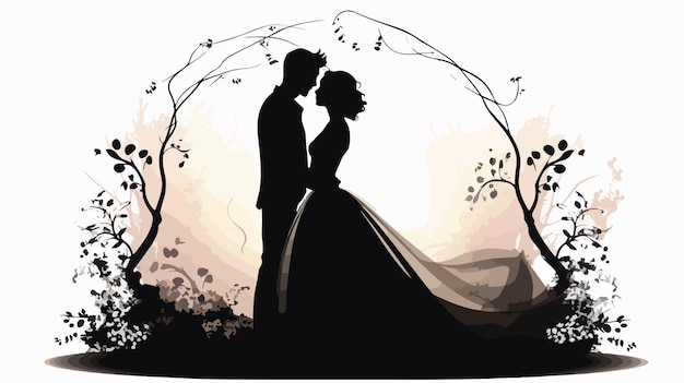 a silhouette of a couple in a forest with a floral background