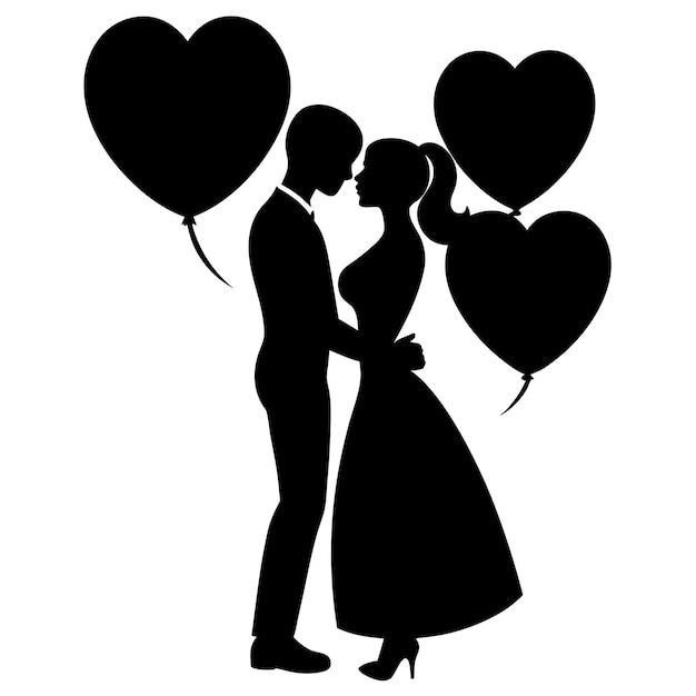 Vector a silhouette of a couple and a heart shaped balloon